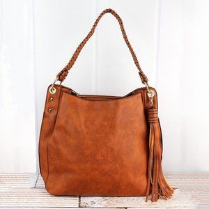 LIGHT BROWN FAUX LEATHER WHIPSTITCH TASSEL TOTE
